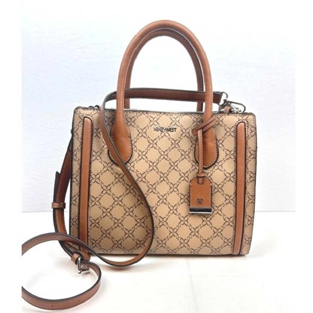 Nine West Monogram Satchel Bag Tan Brown Logo Print Crossbody Handbag